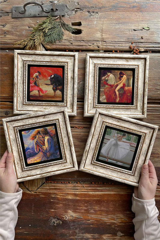 Framed Stone Painting Wall Decoration 8" x 8" Set of 4