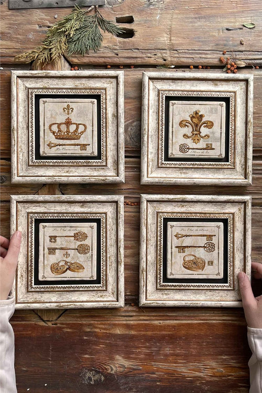Framed Stone Painting Wall Decoration 8" x 8" Set of 4