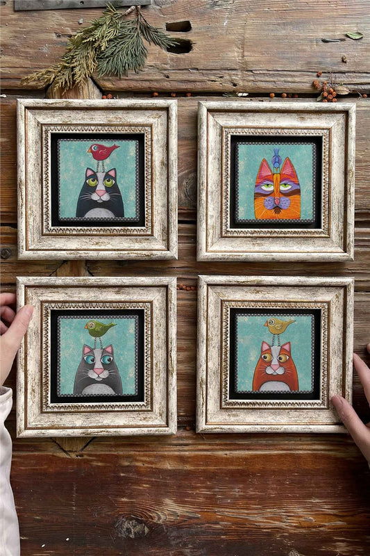 Framed Stone Painting Wall Decoration 8" x 8" Set of 4 Cat Bird Set