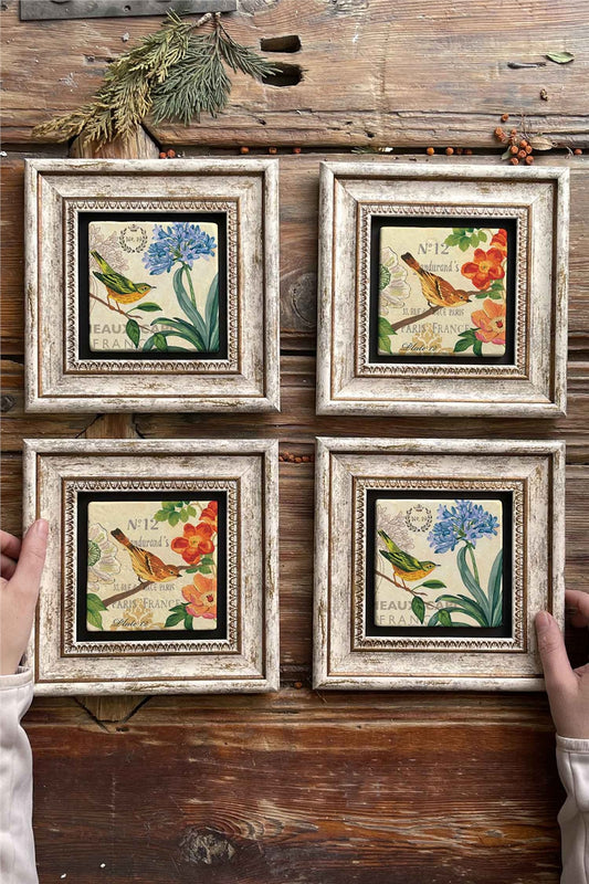 Framed Stone Painting Wall Decoration 8" x 8" Set of 4 Bird Set