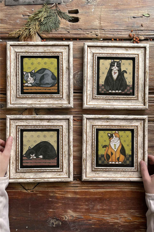 Framed Stone Painting Wall Decoration 8" x 8" Set of 4 Cats Set Cats Set