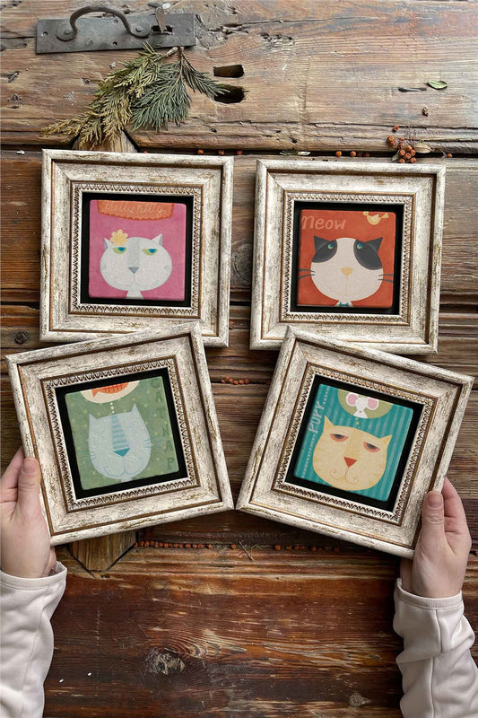 Framed Stone Painting Wall Decoration 8" x 8" Set of 4 Meow Set Cat Paintings
