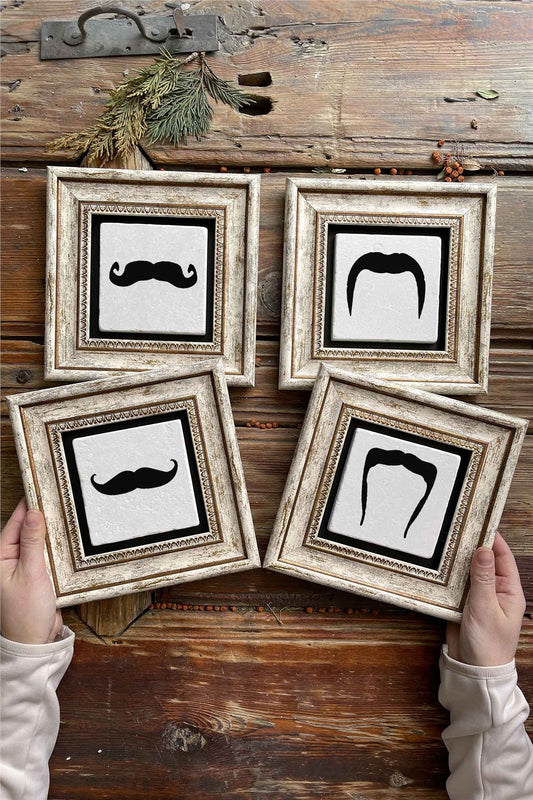 Framed Stone Painting Wall Decoration 8" x 8" Set of 4 Mustache Set