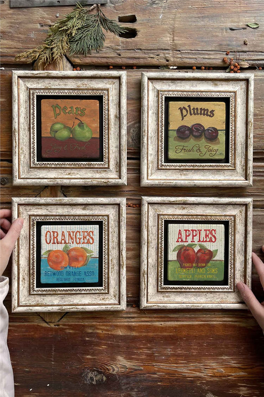 Framed Stone Painting Wall Decoration 8" x 8" Set of 4 Pears Apples Oranges Set
