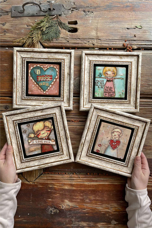 Framed Stone Painting Wall Decoration 8" x 8" Set of 4 I Love You Set