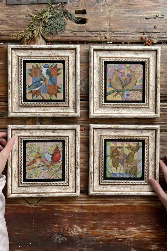 Framed Stone Painting Wall Decoration 8" x 8" Set of 4 Bird's Nest Gardener