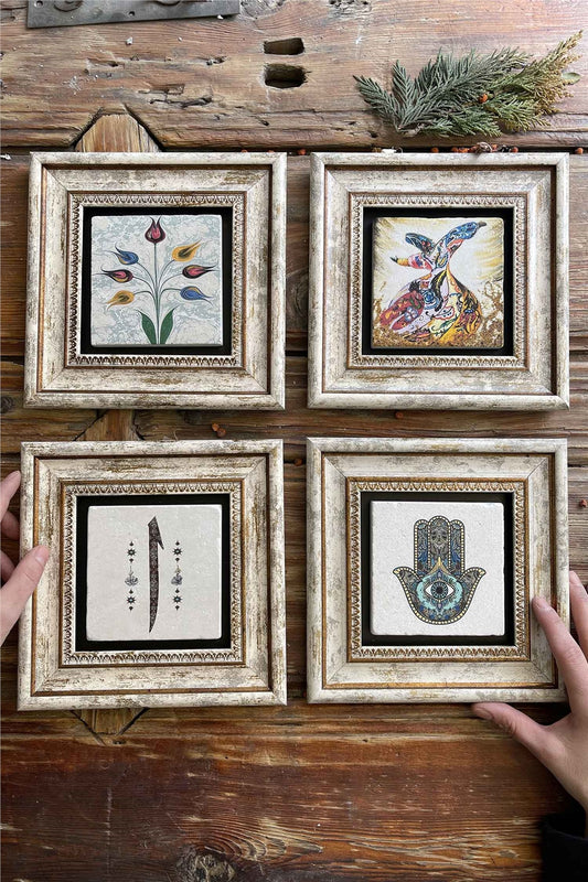 Framed Stone Painting 8" x 8" Set of 4(499-60-321-114)Ebruli Whirling Dervish Elif Fatma Ana