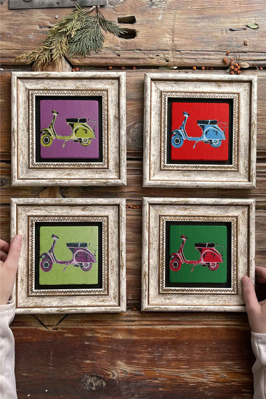 Framed Stone Painting Wall Decoration 8" x 8" Set of 4