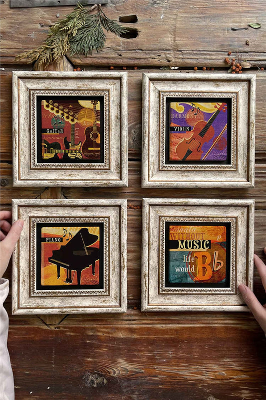 Framed Stone Painting Wall Decoration 8" x 8" Set of 4 Music Set Music