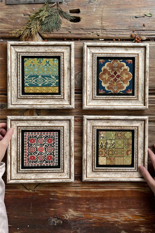 Framed Stone Painting Wall Decoration 8" x 8" Set of 4