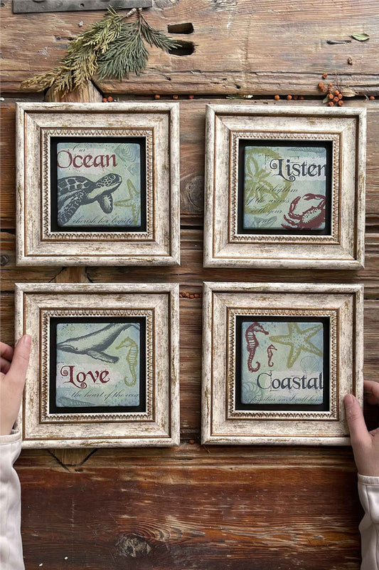 Framed Stone Painting Wall Decoration 8" x 8" Set of 4