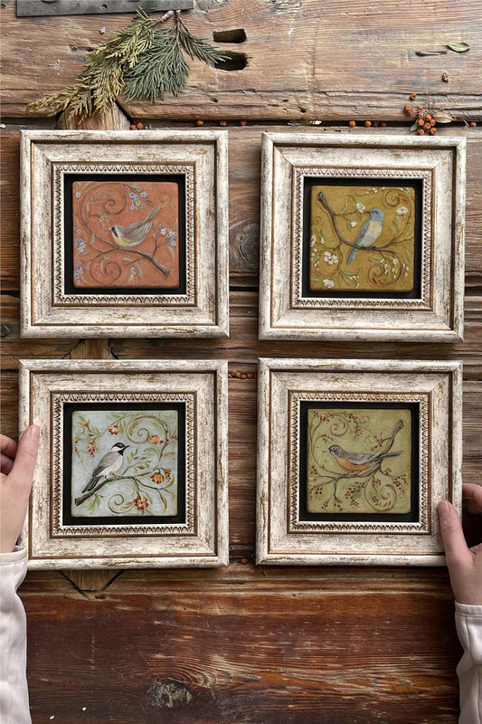 Framed Stone Painting Wall Decoration 8" x 8" Set of 4 Bird Set