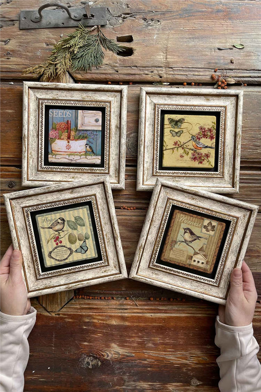 Framed Stone Painting Wall Decoration 8" x 8" Set of 4 Bird Set