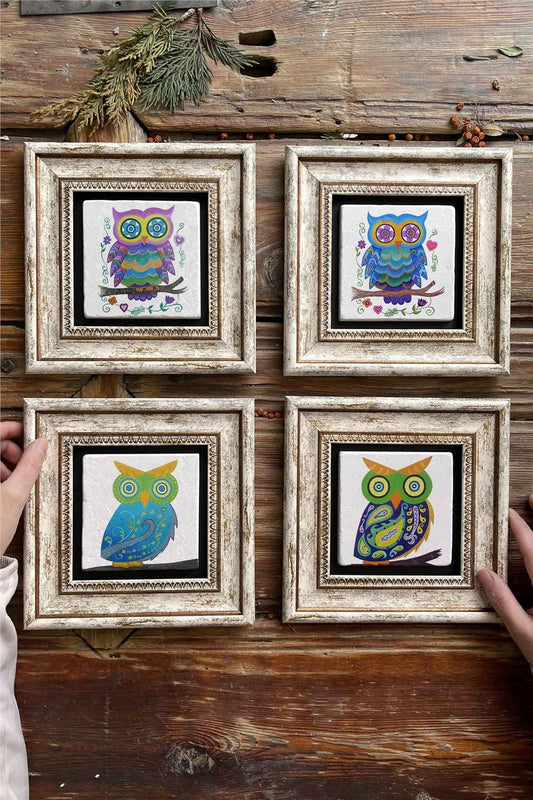 Framed Stone Painting Wall Decoration 8" x 8" Set of 4 Owl Set