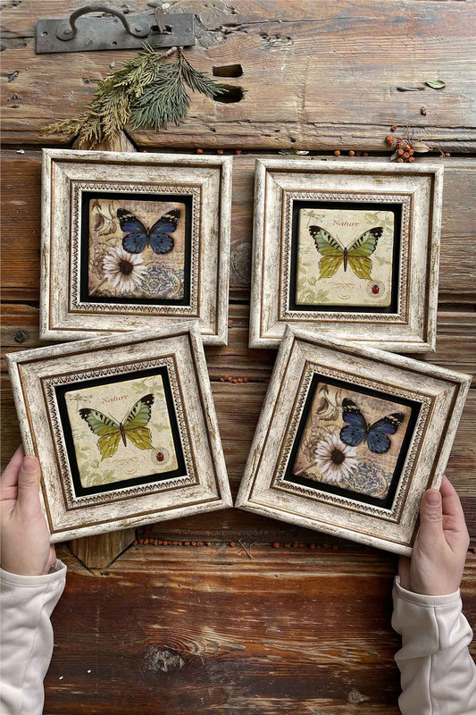 Framed Stone Painting Wall Decoration 8" x 8" Set of 4 Butterfly Butterfly Set