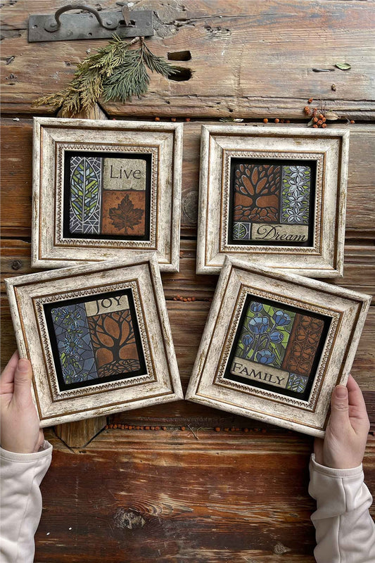 Framed Stone Painting Wall Decoration 8" x 8" Set of 4