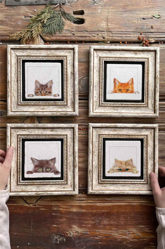 Framed Stone Painting Wall Decoration 8" x 8" Set of 4 Curious Cats Set