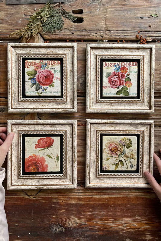 Framed Stone Painting Wall Decoration 8" x 8" Set of 4 Rose Garden Dozen Roses