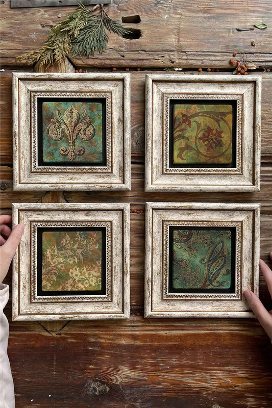 Framed Stone Painting Wall Decoration 8" x 8" Set of 4 Tile Marble