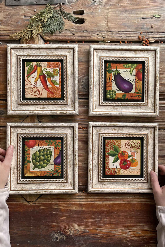 Framed Stone Painting Wall Decoration 8" x 8" Set of 4 Kitchen
