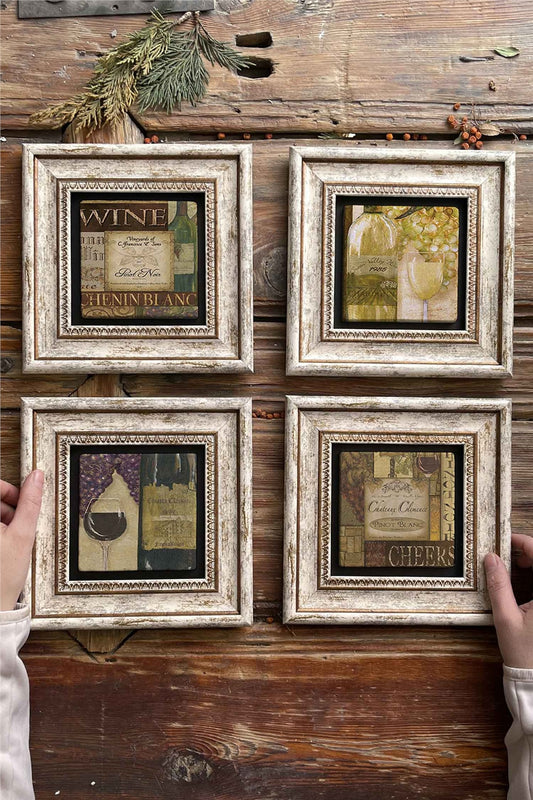 Framed Stone Painting Wall Decoration 8" x 8" Set of 4 Wine Set Wine Set