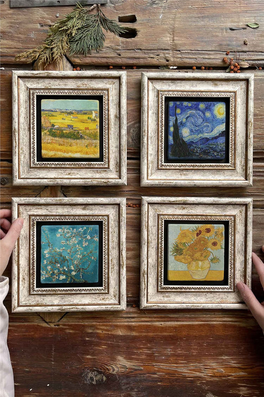 Framed Stone Painting Wall Decoration 8" x 8" Set of 4 Van Gogh Paintings