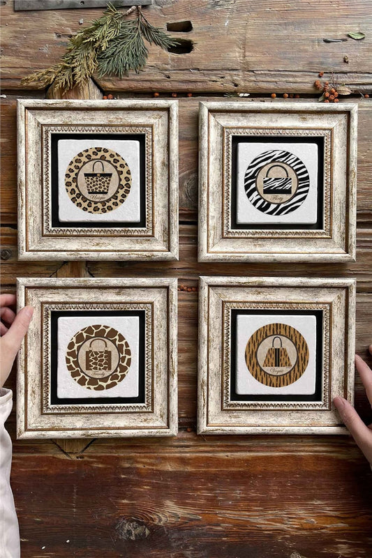 Framed Stone Painting Wall Decoration 8" x 8" Set of 4 Bag Set