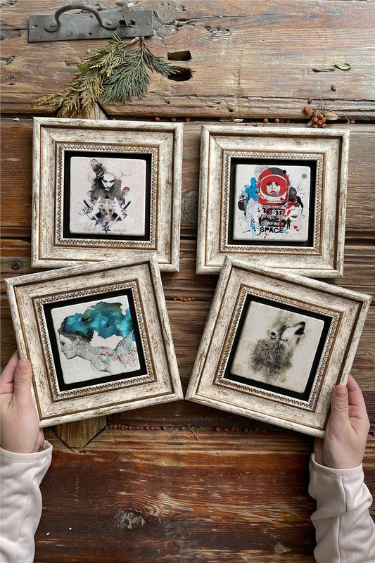 Framed Stone Painting Wall Decoration 8" x 8" Set of 4