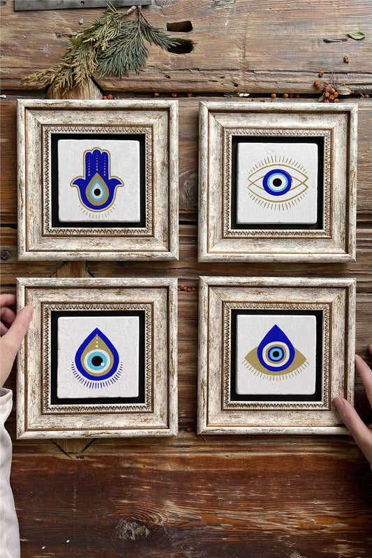 Framed Stone Painting Wall Decoration 8" x 8" Set of 4 Evil Eye Set