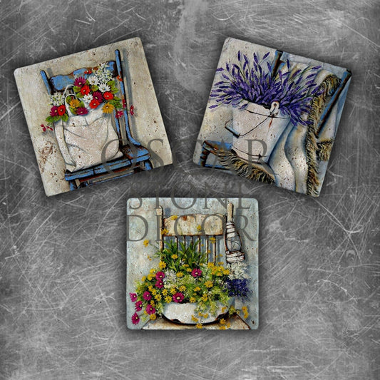 CHAIR FLOWERS NATURAL STONE MAGNET SET / MG-149