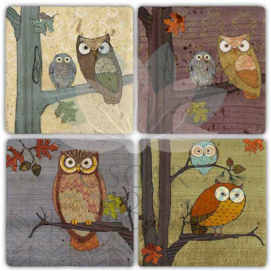 OWL ON THE BRANCH 4-Piece NATURAL STONE COASTERS / BA284 (COASTER)