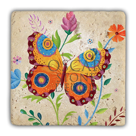 DD066- HIPPY BUTTERFLY ORANGE NATURAL STONE WALL DECOR / DD66 (WALL DECOR)