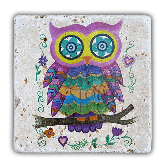 DD083-HIPPY OWL PURPLE NATURAL STONE WALL DECOR / DD83 (WALL DECOR)