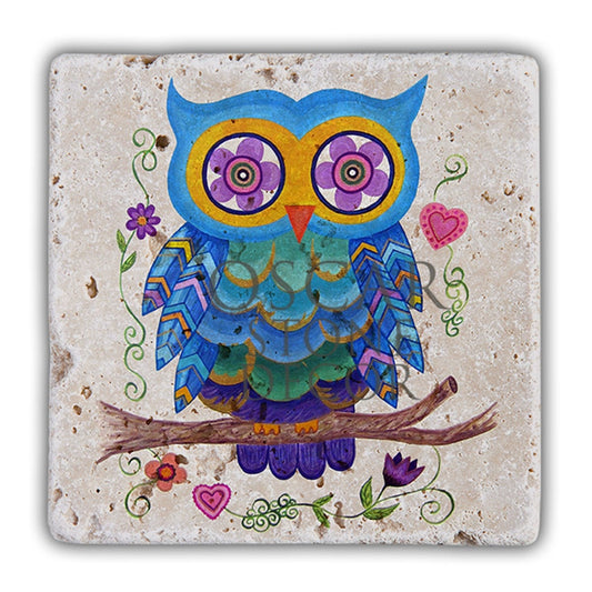 DD084-HIPPY OWL BLUE NATURAL STONE WALL DECOR / DD84 (WALL DECOR)
