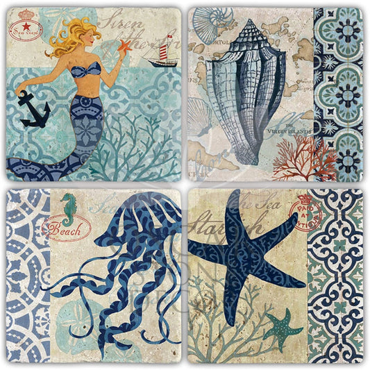 4-Piece NATURAL STONE COASTERS IN THE SEA / BA475 (COASTER)