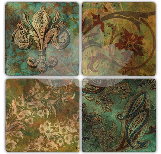 FLORAL PATTERN 4-Piece NATURAL STONE COASTERS / BA177 (COASTER)