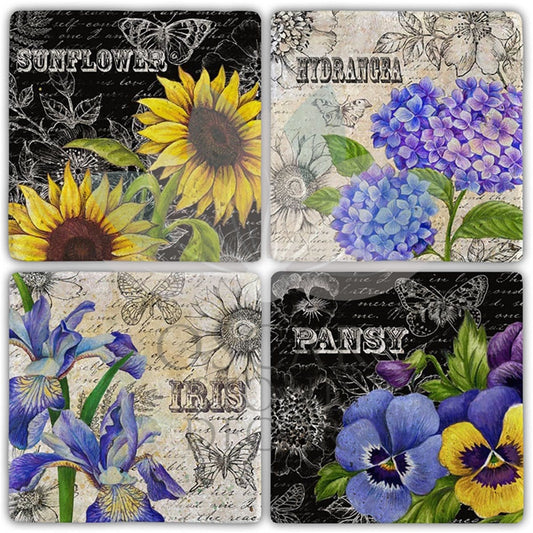 FLOWER BASKESTS 4-Piece NATURAL STONE COASTERS / BA511 (COASTER)