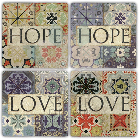 HOPE AND LOVE 4-Piece NATURAL STONE COASTERS / BA510 (COASTER)