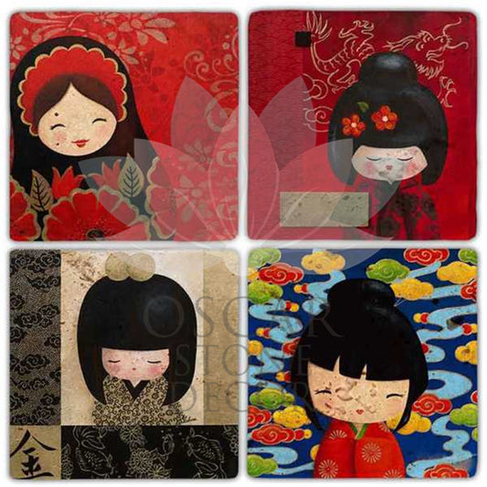 JAPANESE GIRLS 4-Piece NATURAL STONE COASTERS / BA304 (COASTER)