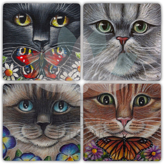 CAT FACE 4-Piece NATURAL STONE COASTERS / BA508 (COASTER)