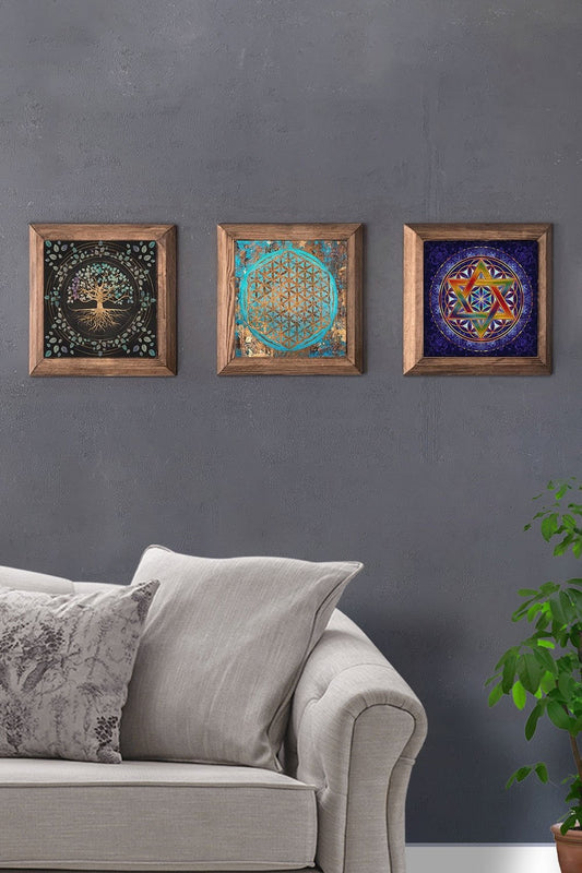 Solid (Wooden) Framed Set of 3 Stone Painting Panel 11" x 11" Tree of Life Flower of Life
