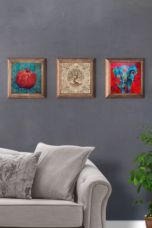 Solid (Wooden) Framed Set of 3 Stone Painting Panel 11" x 11" Pomegranate Elephant Tree of Life