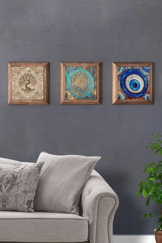 Solid (Wooden) Framed Set of 3 Stone Painting Panel 11" x 11" Tree of Life Evil Eye Bead