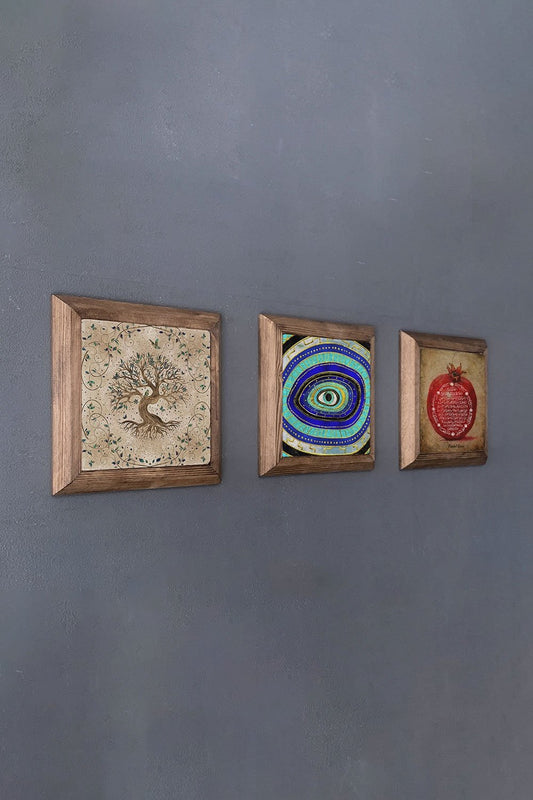 Solid (Wooden) Framed Set of 3 Stone Painting Panel 11" x 11" Pomegranate Evil Eye Tree of Life