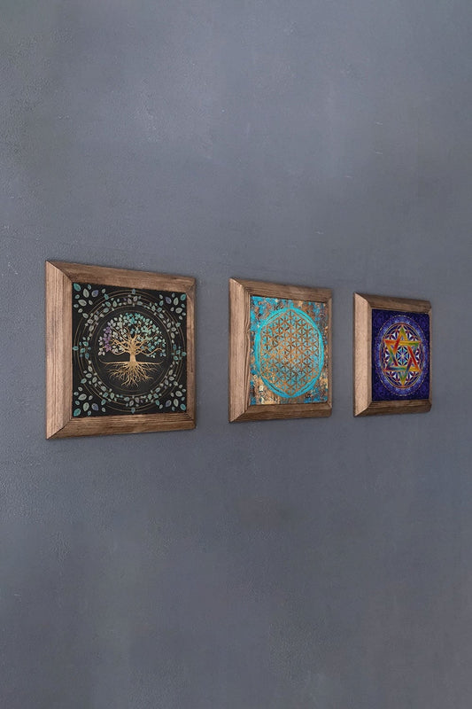 Solid (Wooden) Framed Set of 3 Stone Painting Panel 11" x 11" Tree of Life Flower of Life