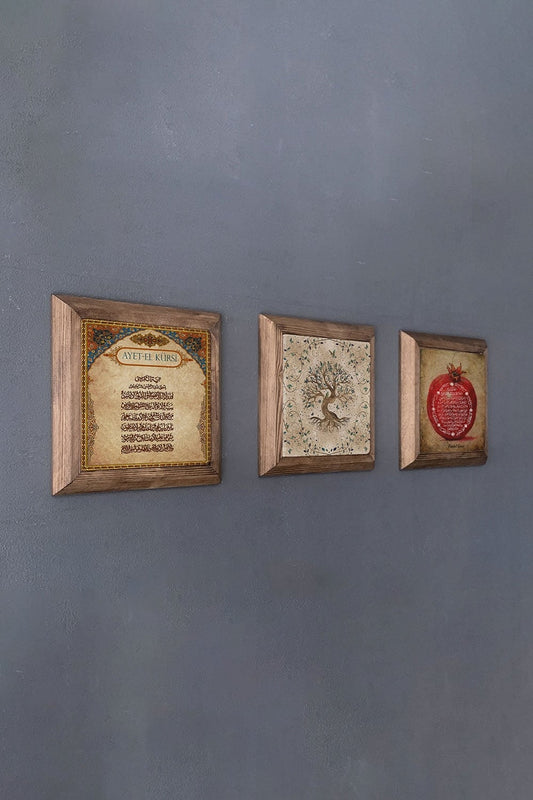 Solid (Wooden) Framed Set of 3 Stone Painting Panel 11" x 11" Life Tree Verse Pomegranate Prayer