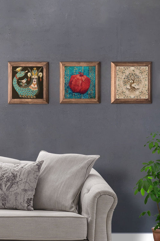 Solid (Wooden) Framed Set of 3 Stone Painting Panel 11" x 11" Shahmeran Pomegranate Tree of Life