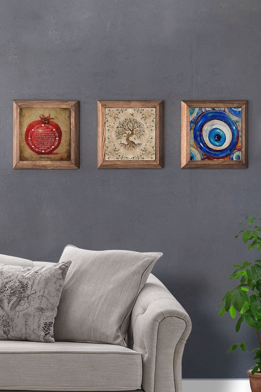 Solid (Wooden) Framed Set of 3 Stone Painting Panel 11" x 11" Pomegranate Prayer Tree of Life