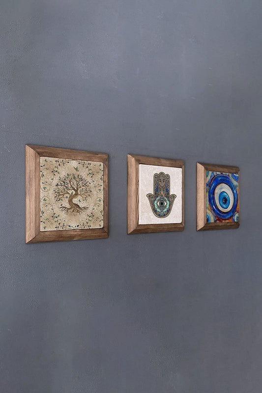 Solid (Wooden) Framed Set of 3 Stone Painting Panel 11" x 11" Tree of Life Evil Eye Bead