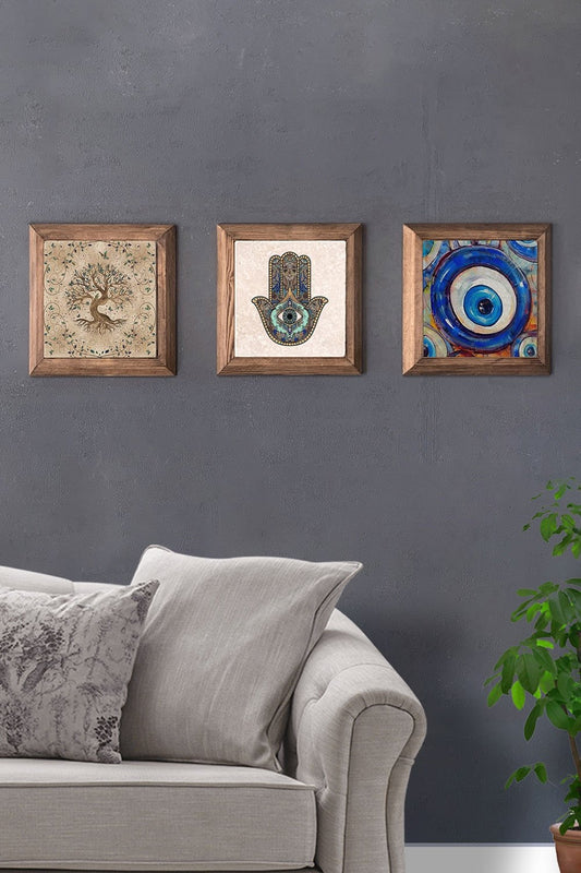 Solid (Wooden) Framed Set of 3 Stone Painting Panel 11" x 11" Tree of Life Evil Eye Bead